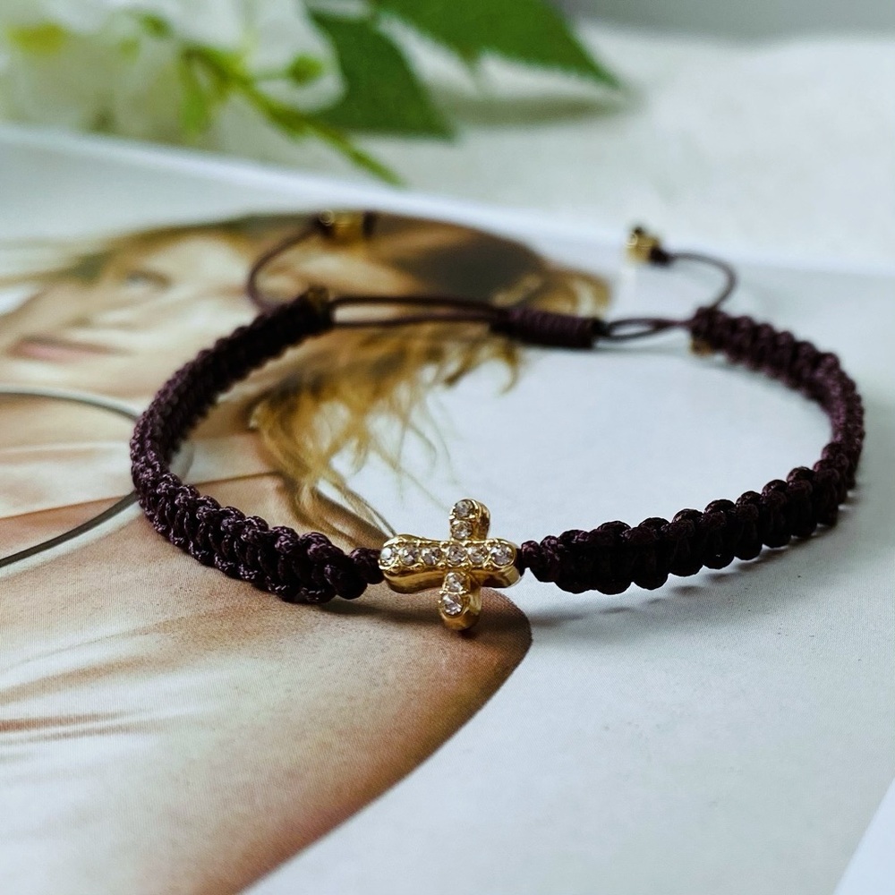 Gold and Brown Braided Bracelet with‎ Cross Charm